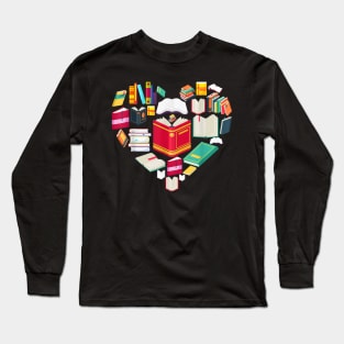 Cute Heart Reading A Book Valentines Day Teacher Book Lovers Long Sleeve T-Shirt